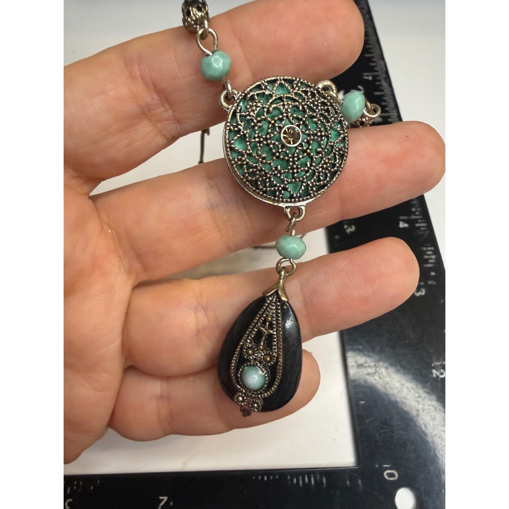 Nina Ricci NR Signed Boho Filigree Turquoise Bead Wood Teardrop Pendant Necklace